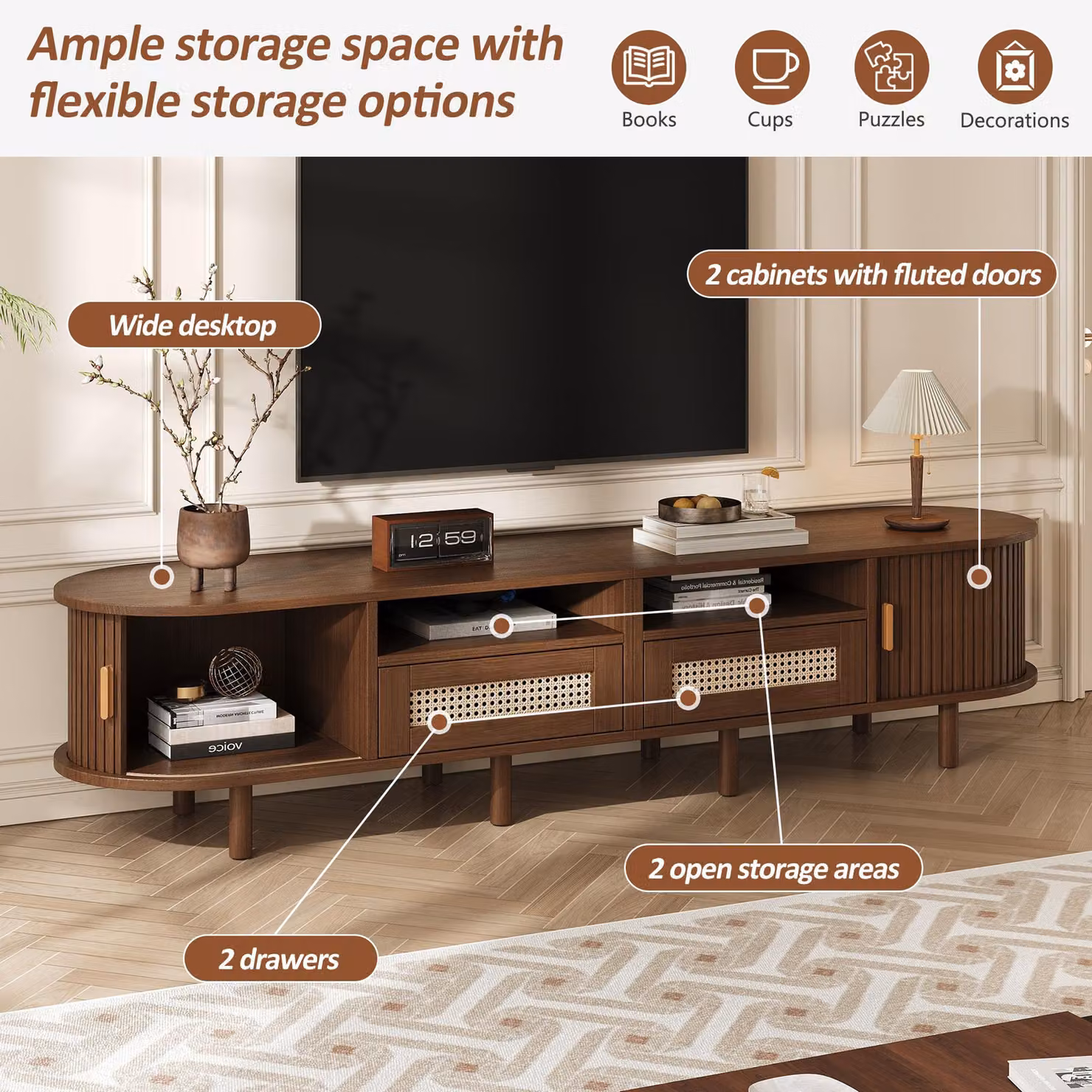 Aosom UK Rattan TV Stand with Sliding Doors and 8 Solid Wood Legs in Oak, W: 170 cm, D: 40 cm, H: 40 cm – 5
