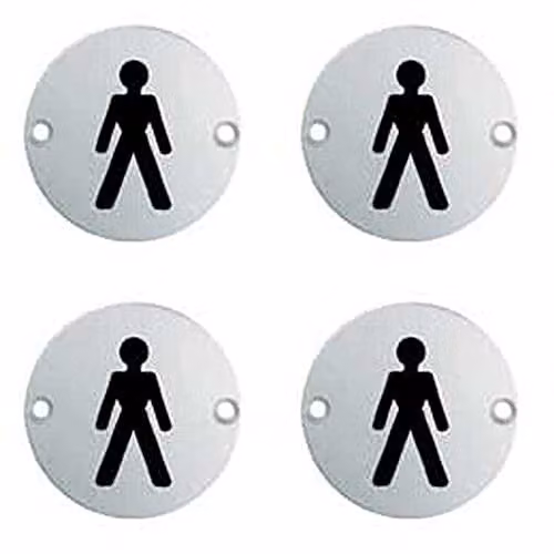 Loops 4 Pack Male Symbol Bathroom Door Signs in Polished Silver Stainless Steel, 76mm Diameter