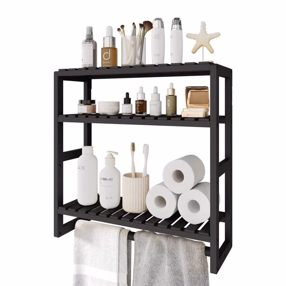 FORGEVIO 3-Tiered Adjustable Bamboo Bathroom Storage Shelf in Black – 3
