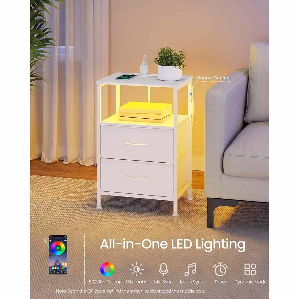 The Bazaarist LED Bedside Table with Charging Station and 2 Drawers in White – 2
