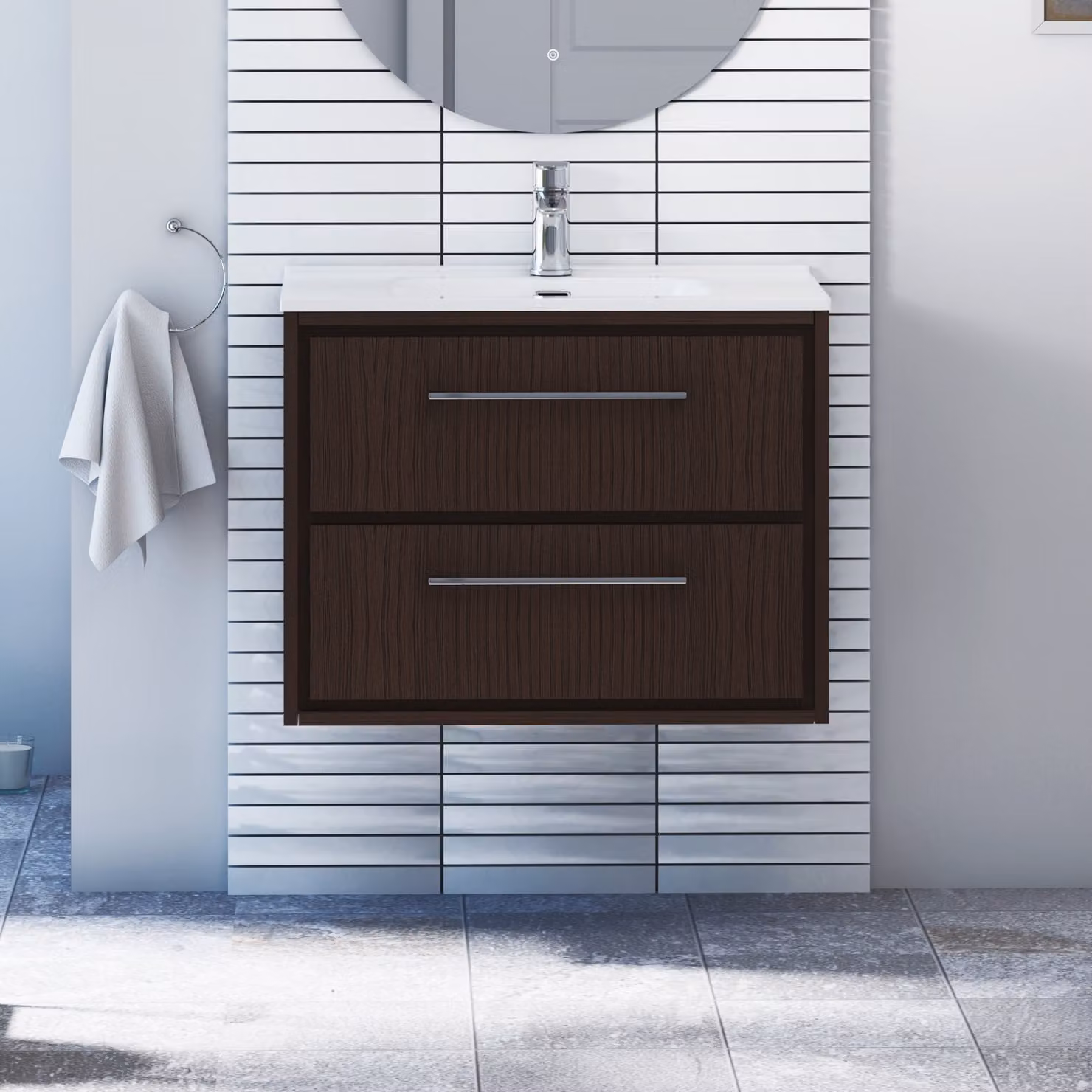 Royal Bathrooms Livora 700mm Walnut Woodgrain Wall Hung 2 Drawer Vanity Unit with Ceramic Basin