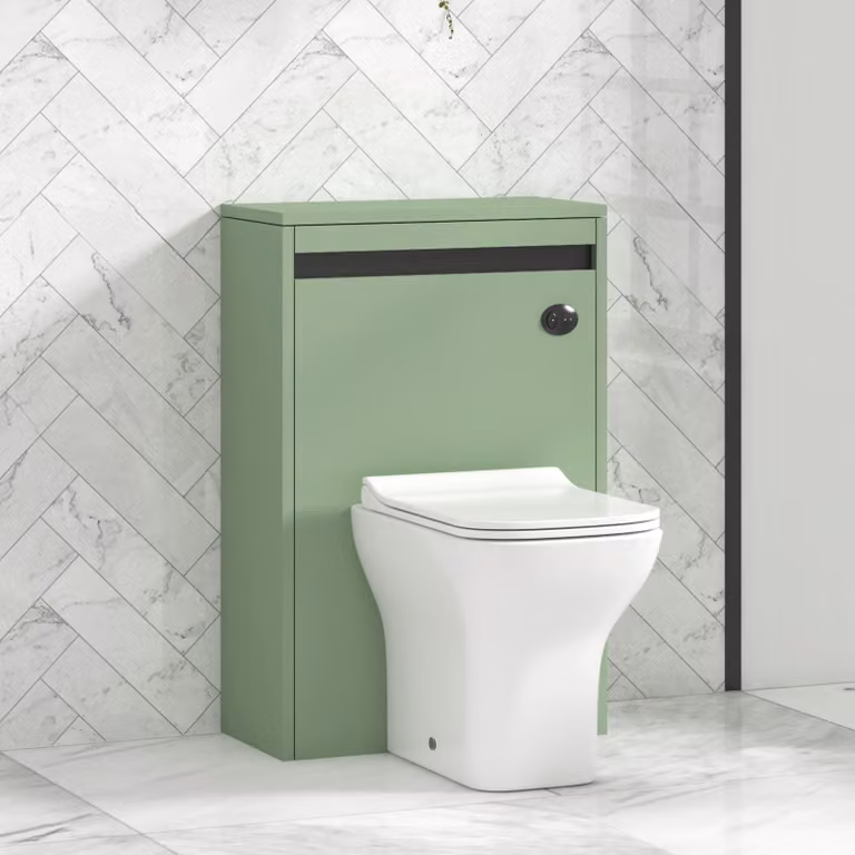 Royal Bathrooms Orion Mint Sage Wall Mounted WC Unit with Qubix Rimless Toilet Pan, Slim Soft Close Seat and Cistern with Black Accent Trim, Width: 54 cm