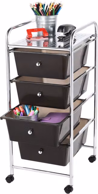 Home Treats 4-Drawer Storage Trolley on Wheels in Black Metal