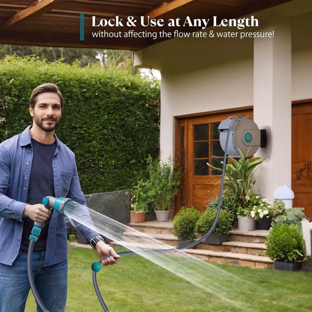 ProKleen Retractable Wall Mounted Garden Hose Reel with 10 Function Spray Gun, 30m, Grey – 7