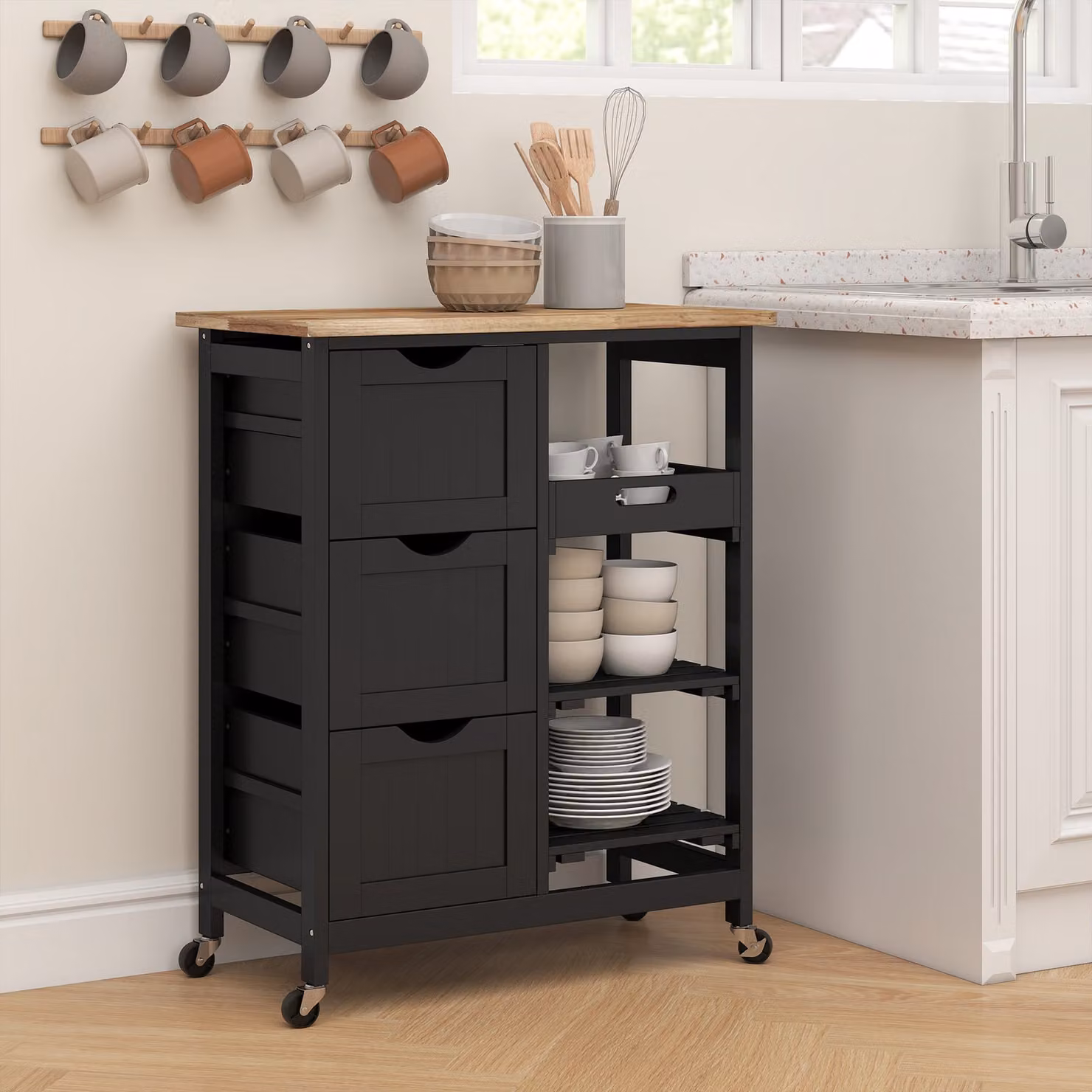 HOMCOM Black Rolling Kitchen Island Cart with Wood Top, Shelves and Drawers – 8