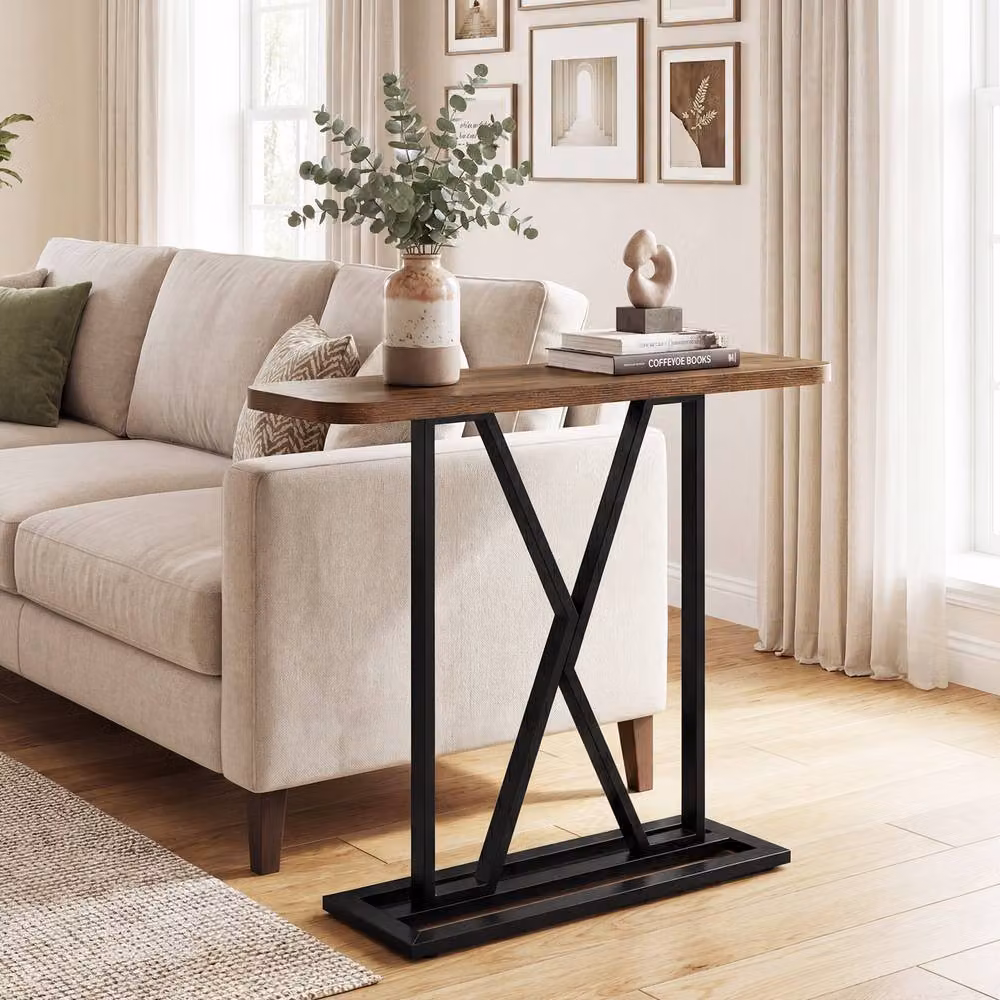 Gymax Industrial Brown Wood and Metal Console Table with X-Frame Design for Living Room or Hallway – 7