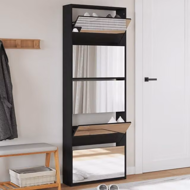 Berkfield Home Modern Black Shoe Cabinet with Mirror, W/D/H: 63 x 17 x 169.5 cm – 1