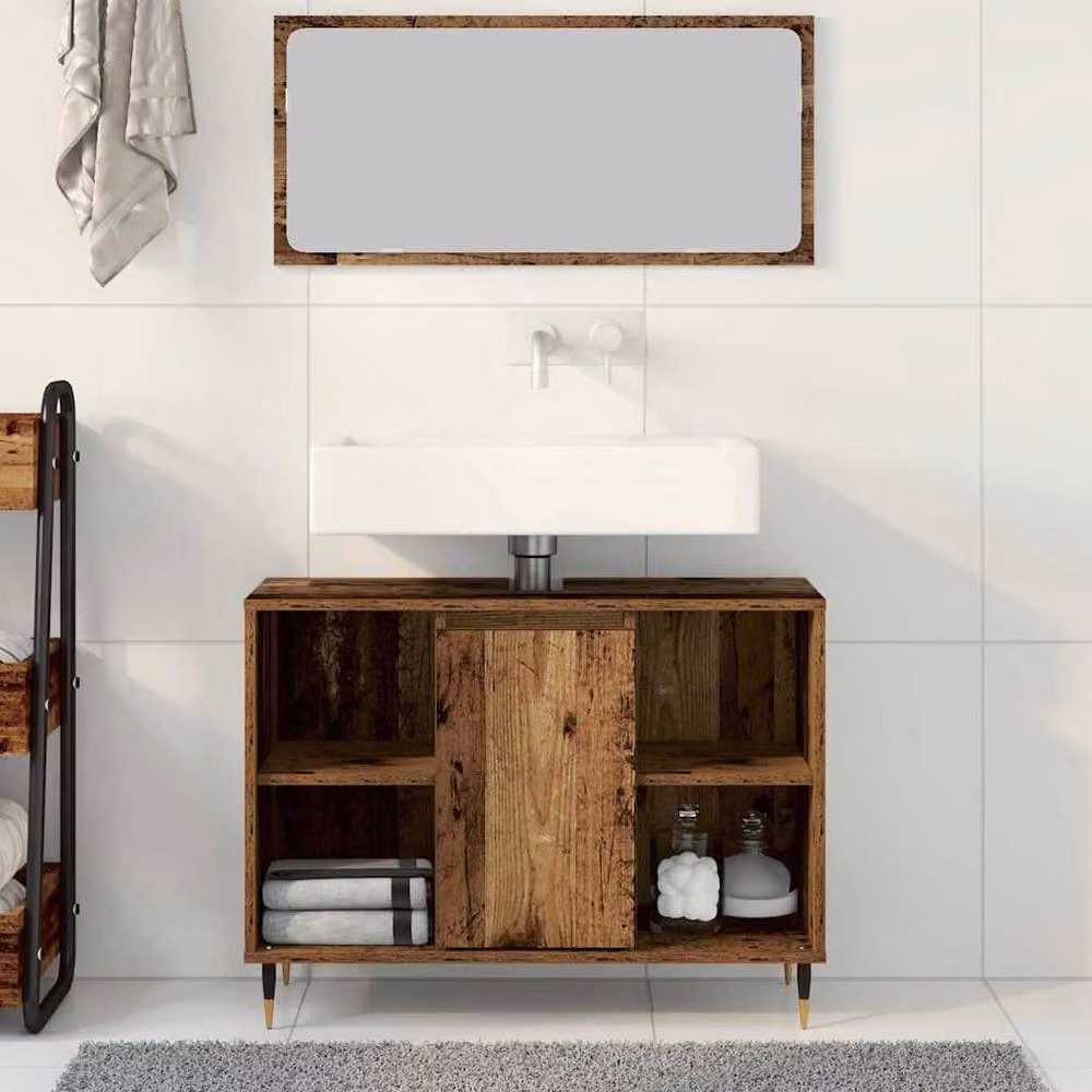 Berkfield Home Rustic Solid Wood Bathroom Vanity with Storage in Brown – 3