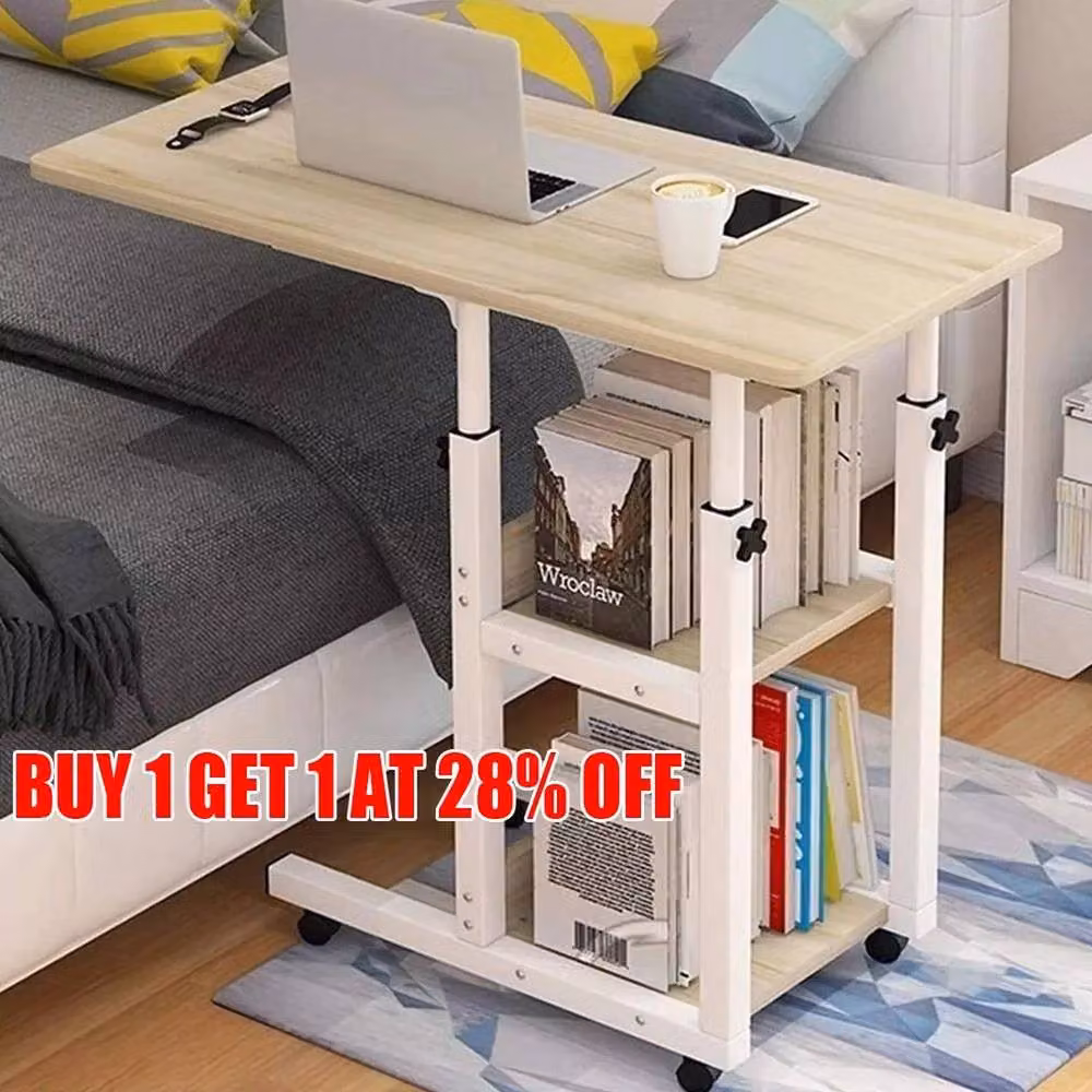 VOGREX Adjustable Overbed Table in Beige with Wood Colour Finish – 2