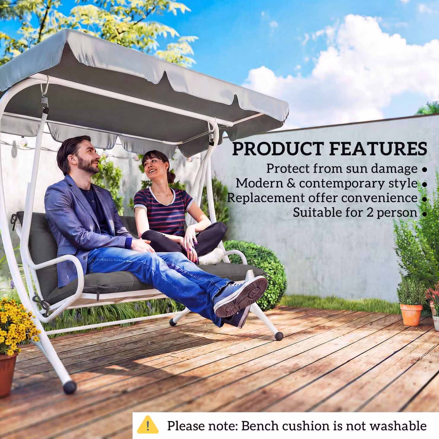Outsunny Black 2 Seater Garden Bench and Swing Chair Cushion with Ties, W: 110 cm, D: 120 cm – 3