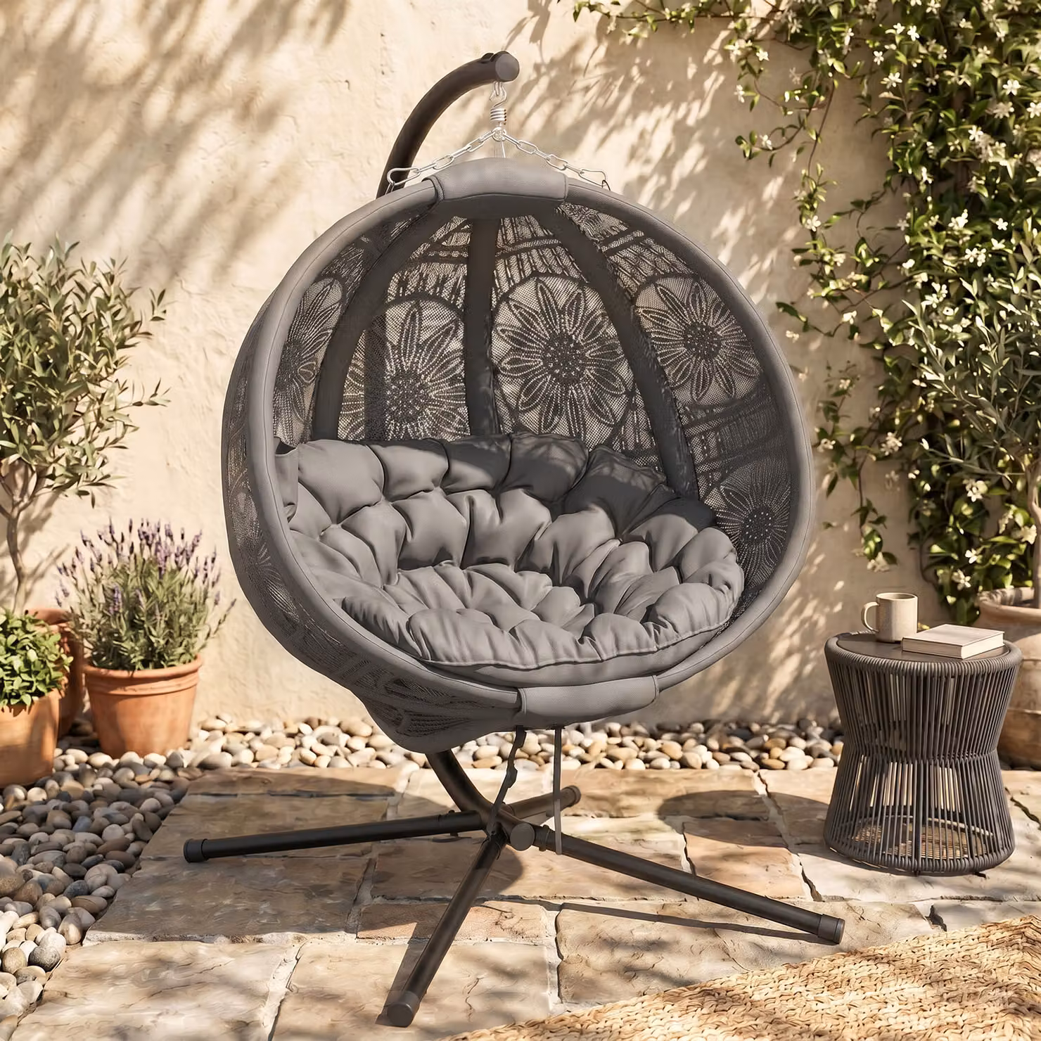 Outsunny Round Egg Basket Lounge Chair with Steel Stand and Cushions, Charcoal Grey – 2