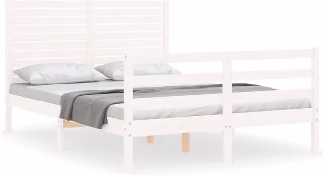 Berkfield Home Solid Wood Bed Frame with Headboard in White, W/D/H: 140 x 200 cm – 1