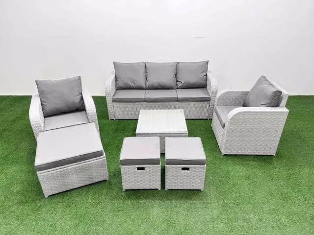Fimous PE Rattan Garden Furniture Set in Light Grey with 3-Seater Sofa, Coffee Table, and Ottoman