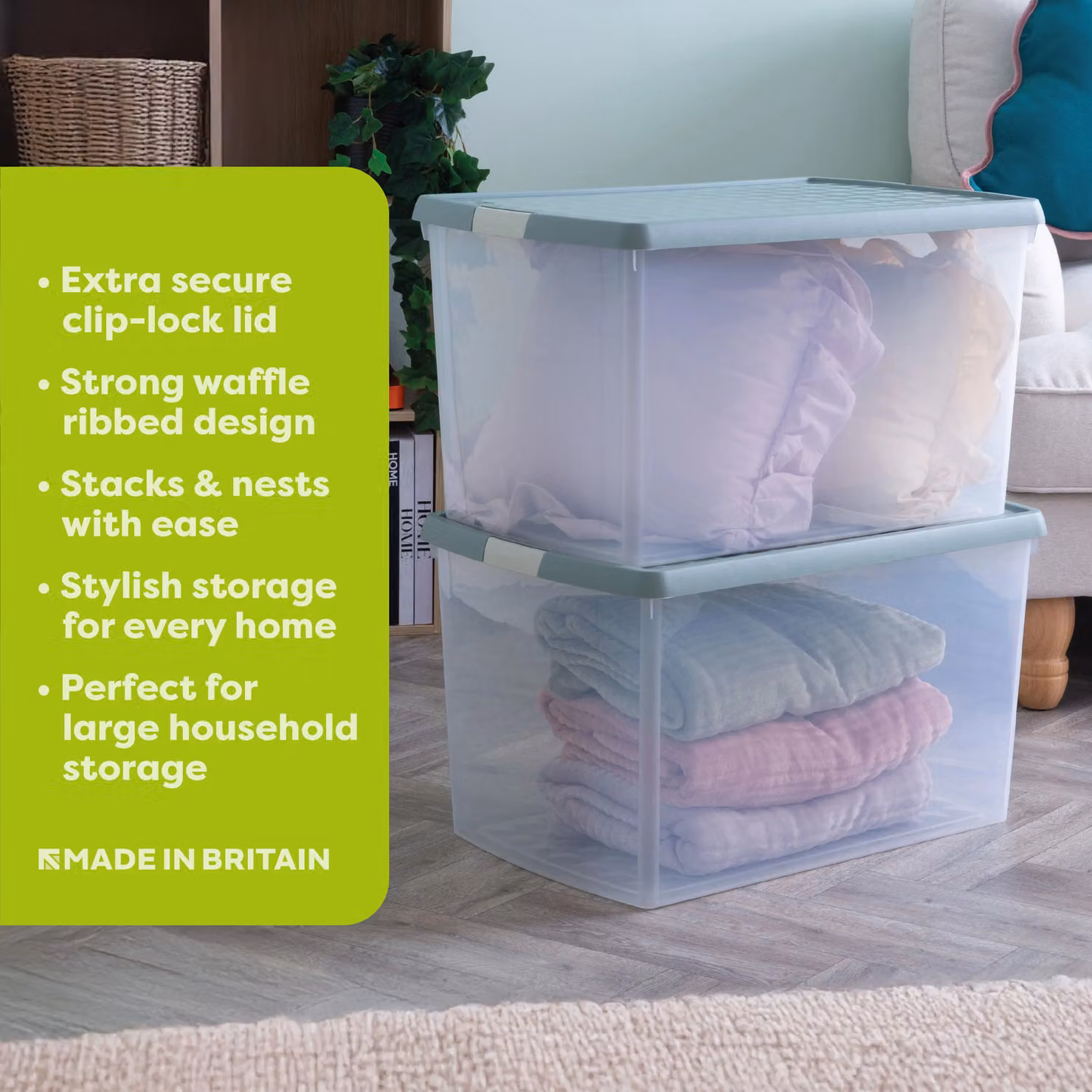 Wham Set of 3 Stackable Rectangular Plastic Storage Boxes with Clip Lock Lids, 62L, Green/Transparent – 2