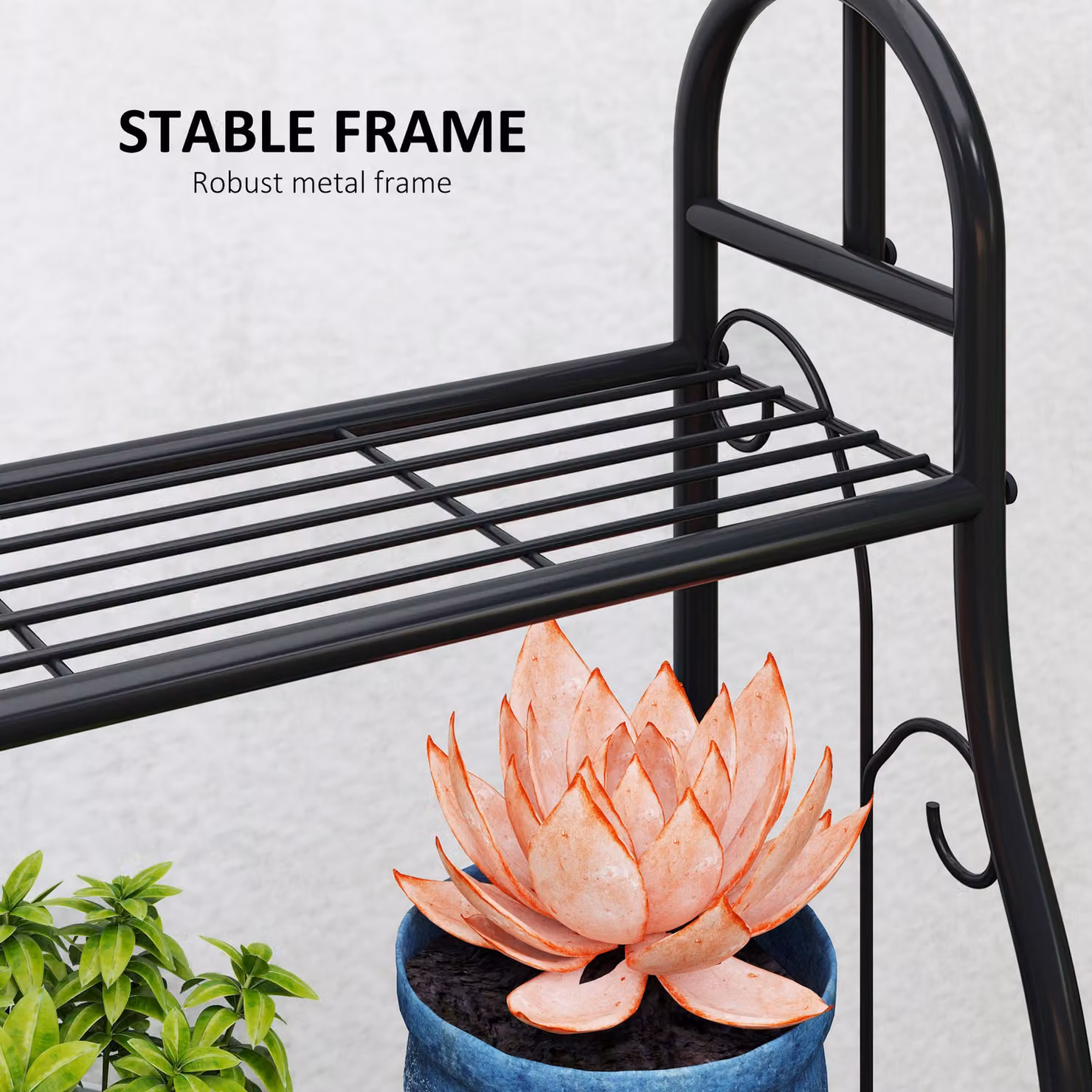 Outsunny 3 Tier Metal Plant Stand with Hanging Rod and Hooks, Black Ladder Flower Pot Rack for Indoor and Outdoor Use, H 137 x W 75 x D 25 cm – 4