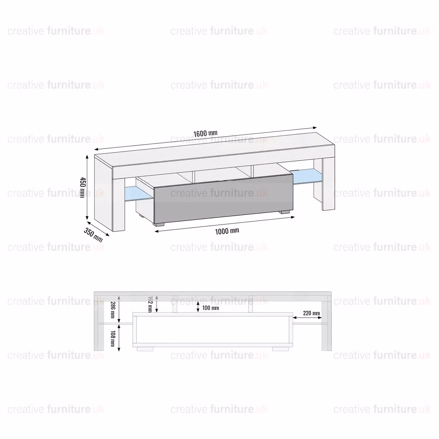 Creative Furniture Modern Glossy TV Unit in White with Grey Doors, W: 160 cm, H: 45 cm, D: 35 cm – 4
