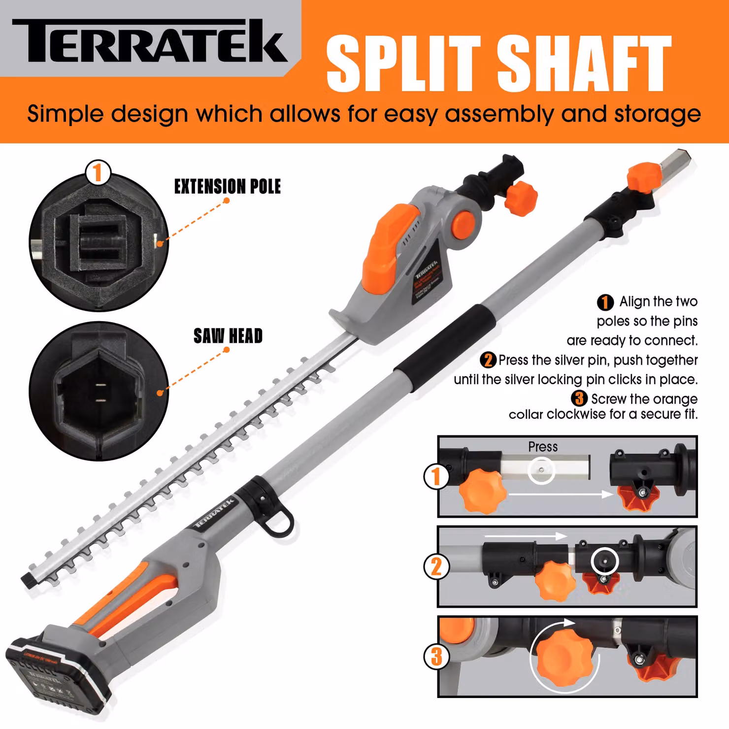 Terratek 20V 2.4m Telescopic Cordless Reciprocating Hedge Trimmer with Rechargeable Battery and Quick Charger, Orange – 6