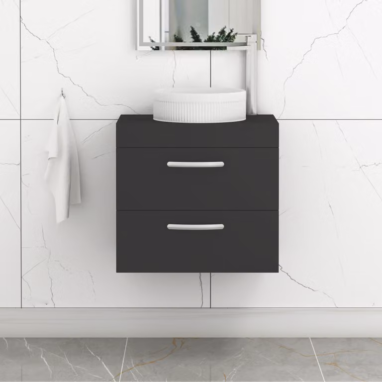 Royal Bathrooms Turin Wall Hung Vanity Unit with 2 Drawers and Round Countertop Basin, Matt Black