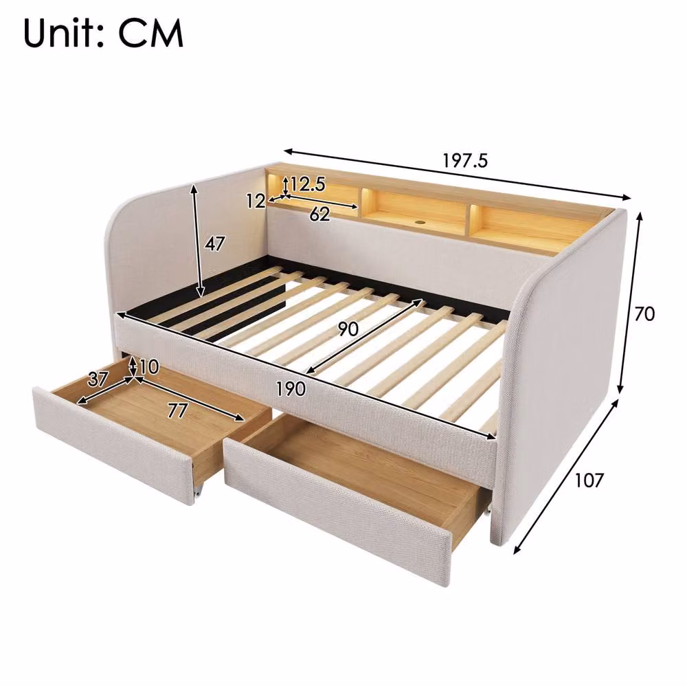 STILVORA Modern Upholstered Single Daybed in Beige with Drawers, LED Lighting and USB Charging Port, W/D/H: 90 x 200 cm – 2