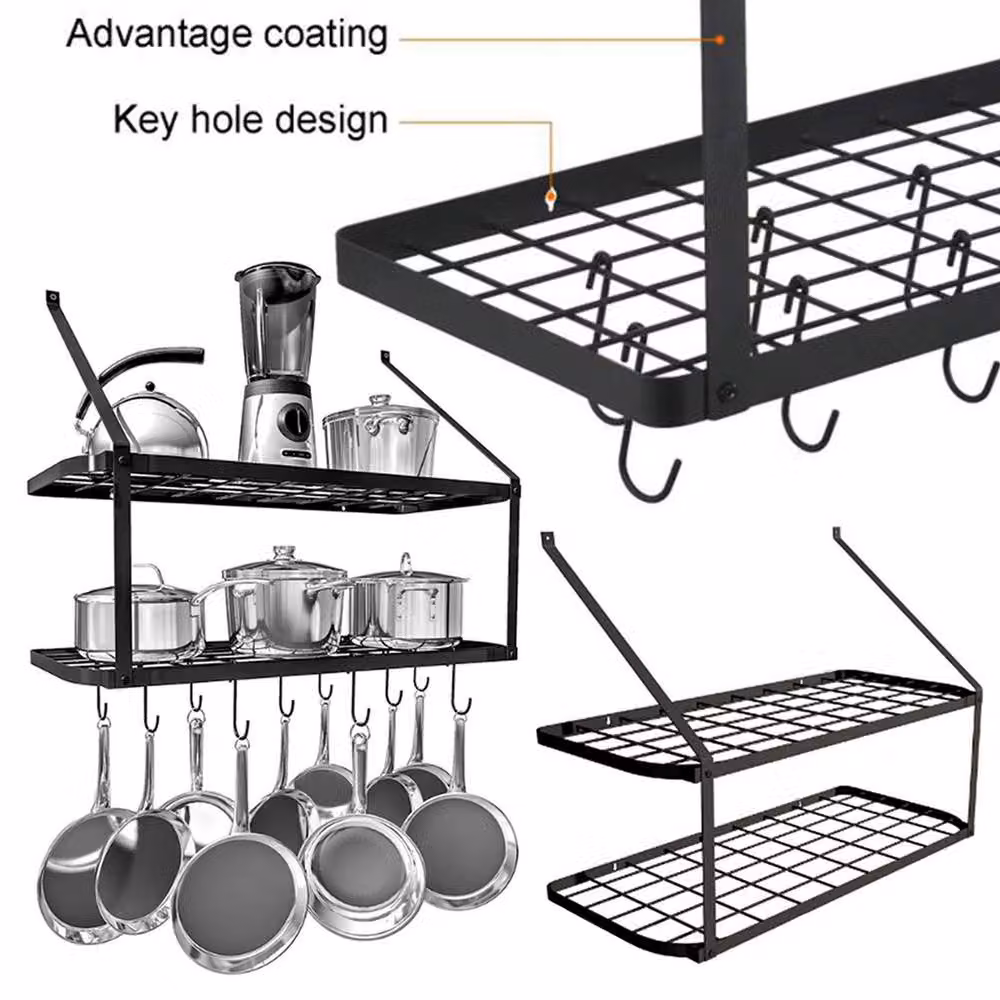 Garden Sanctuary Wall-Mounted 2 Tier Metal Pan Rack and Pot Holder Storage with 10 Hooks, Black – 2