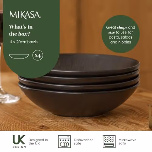 Mikasa Jardin Midnight 4-Piece Black Stoneware Pasta Bowl Set, Diameter: 20 cm – 3
