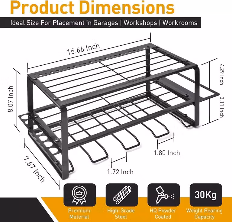 MoDinzo Black Alloy Steel Power Tool Organizer and 3 Layer Floating Shelf Wall Mount Storage Rack