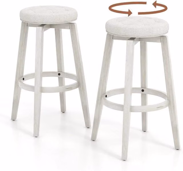 Kelvenix Set of 2 White Fabric Upholstered Vintage Bar Stools with Rubberwood Frame and 360 Degree Swivel – 1