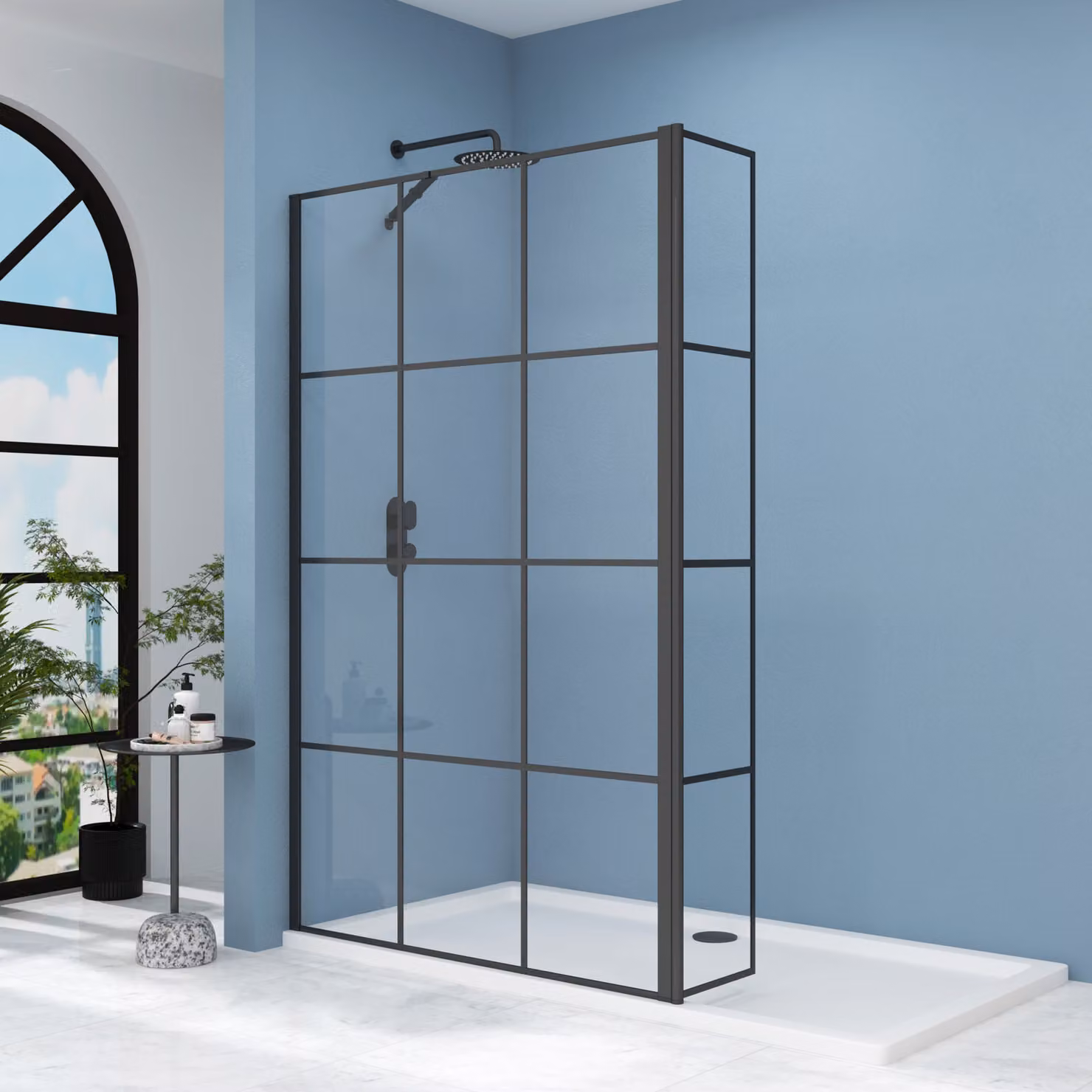 Royal Bathrooms Milan Wet Room Shower Screen with Flipper Panel, Matt Black Grid, Clear 8mm Glass, W: 76 cm, H: 185 cm