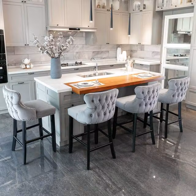 HomeTouch Set of 4 Luxury Modern Velvet Upholstered Bar Stools with Oak Wood Legs in Grey and Black