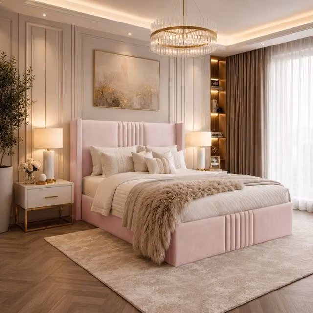 Desire Deco Brookes Luxury Wingback Upholstered Velvet Bed Frame, Pink, 140 x 200 cm