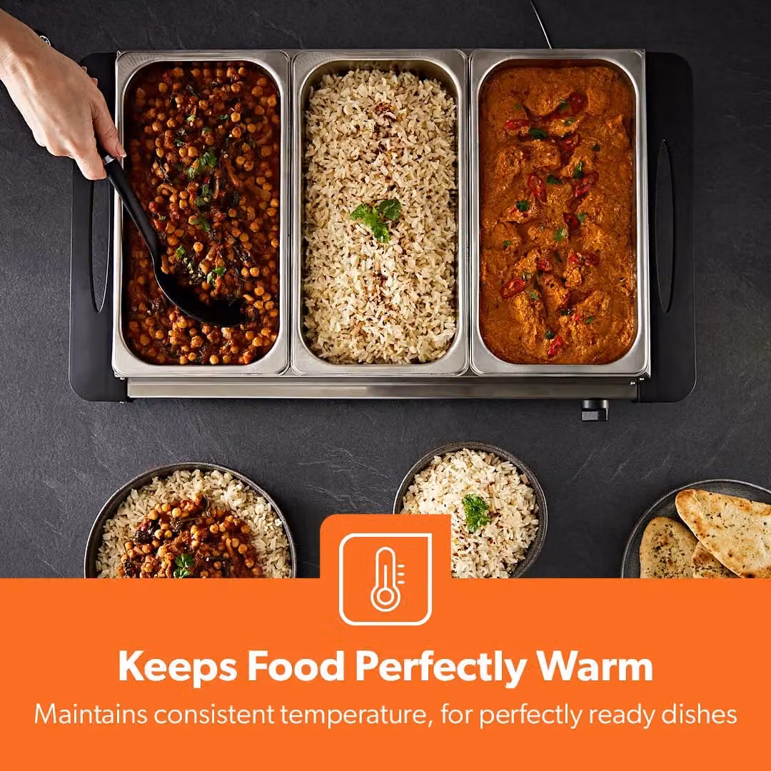 Geepas Electric Stainless Steel Buffet Food Warmers with Lids, Metallic Silver, 3 x 2.4 l – 3