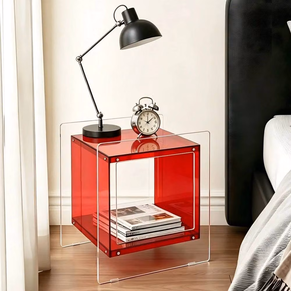 VOGREX 2-Tier Transparent Red Acrylic Side Table – 2