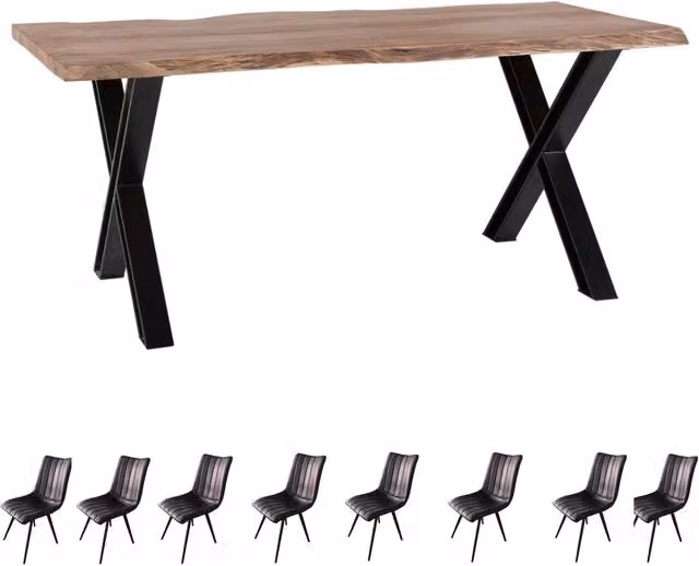 IH Design Live Edge Acacia Wood and Metal Dining Table Set with 8 Chairs in Brown and Grey