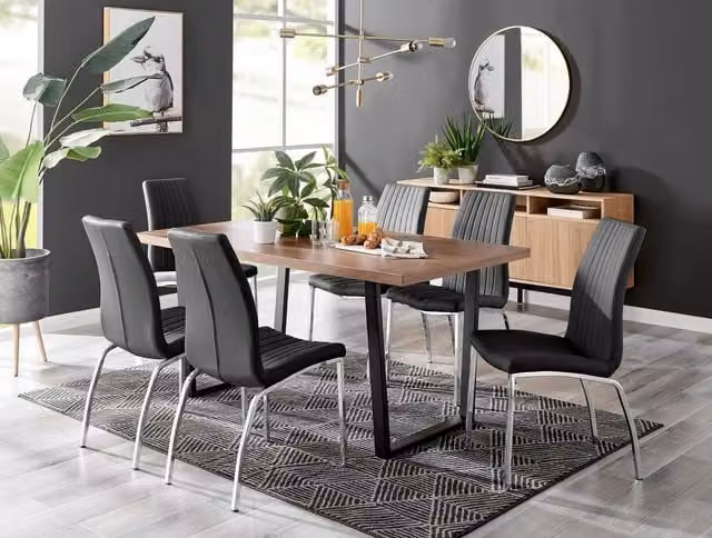 FurnitureboxUK Kylo Brown Wood Effect Rectangular Dining Table and 6 Black Isco Faux Leather Chairs