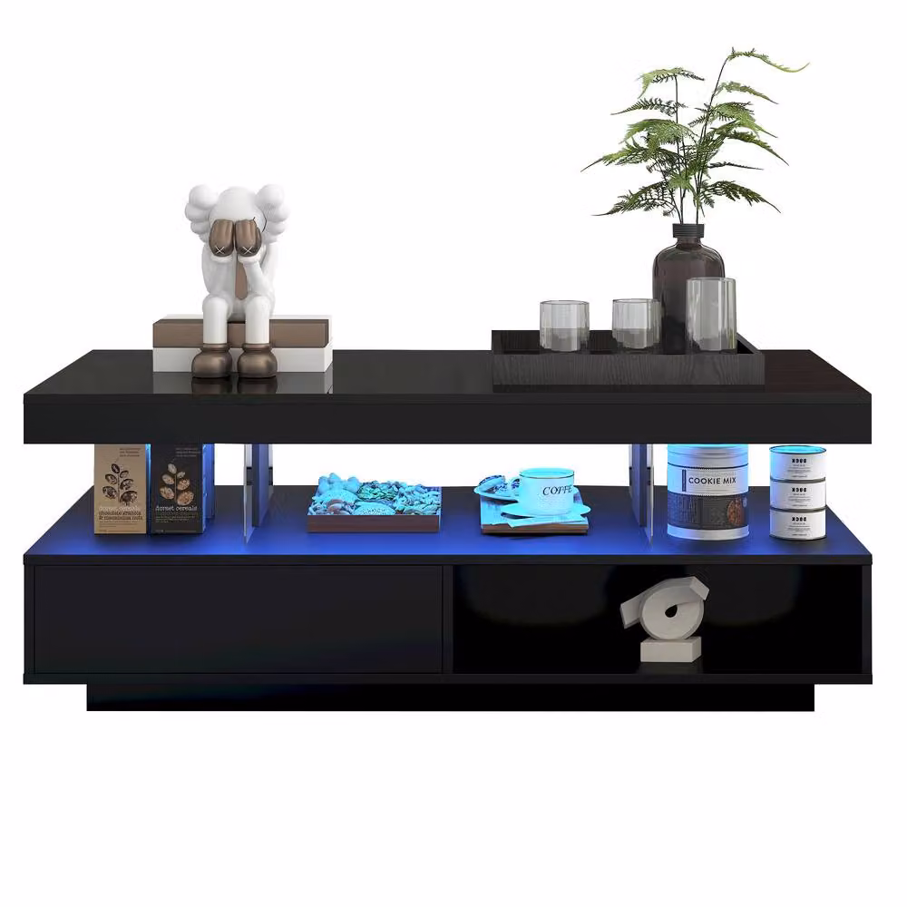 STILVORA Modern Rectangular Coffee Table with Glass Top and Glossy Black Finish – 4
