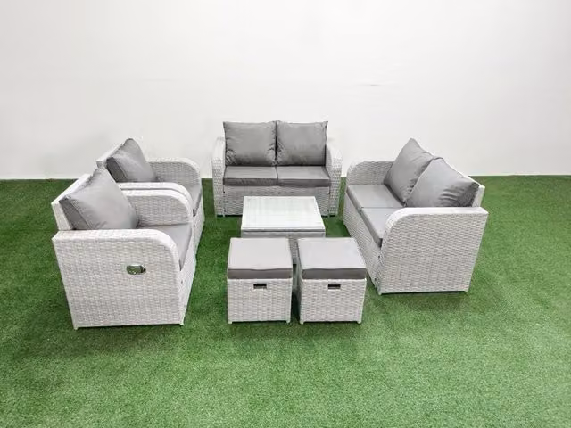 Fimous 8 Seater Rattan Garden Furniture Set in Light Grey with Reclining Sofa, Lounge Armchair, 2 Stools, Coffee Table and Upholstered Cushions