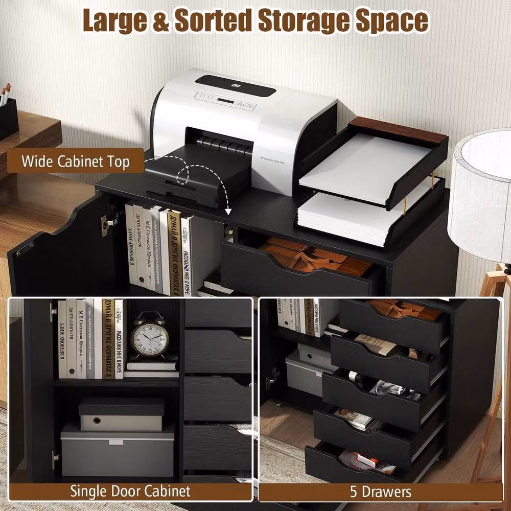 SPETLEK Black Wooden Vertical Storage Dresser Cabinet with 5 Drawers and Door – 5