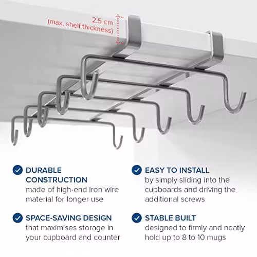 Joeji's Kitchen Metal Mug Holder and Cupboard Organiser in Silver with 10 Hooks, Width: 28 cm – 2