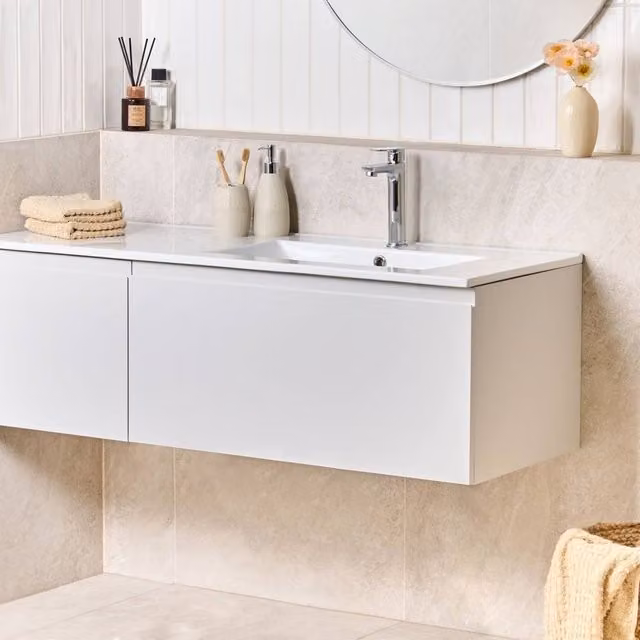 Wyld and Coco Wall-Mounted Bathroom Vanity with Ceramic Basin, Light Grey, W: 120 cm, D: 46 cm, H: 38 cm