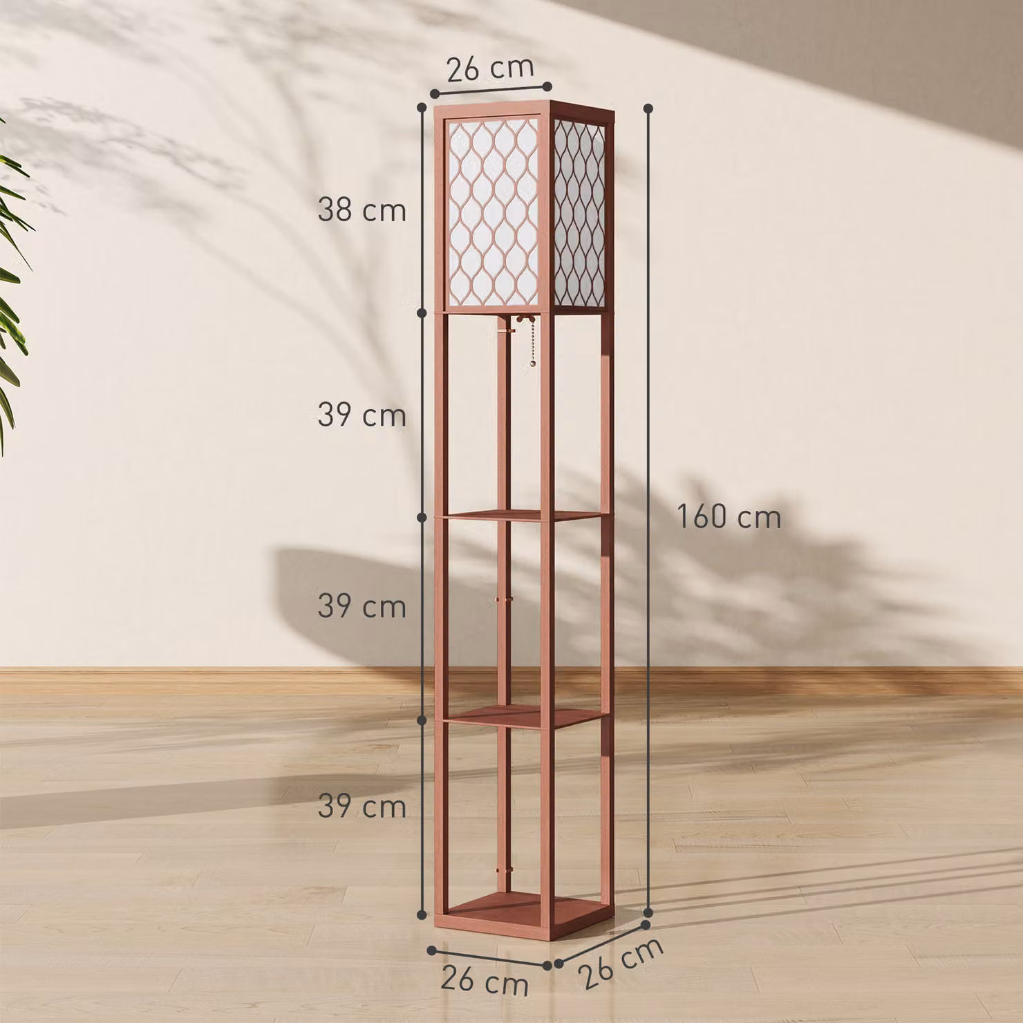 HOMCOM Three-Shelf Modern Floor Lamp in Brown and White with Fabric Shade and Pull Chain, H 160 x W 26 x D 26 cm – 3