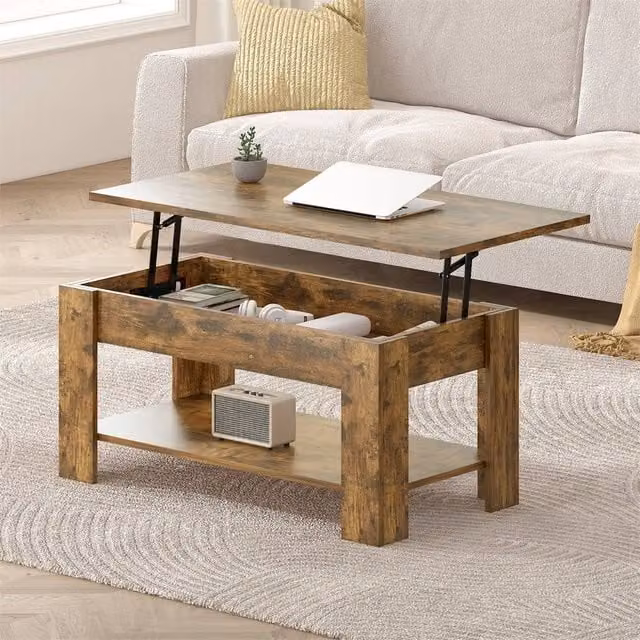Nordara Brown Wooden Rectangular Coffee Table with Lift Up Top and Hidden Storage Shelf – 1