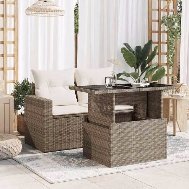 Berkfield Home Grey Poly Rattan Garden Table with Glass Top W/D/H: 100 x 55 x 73 cm