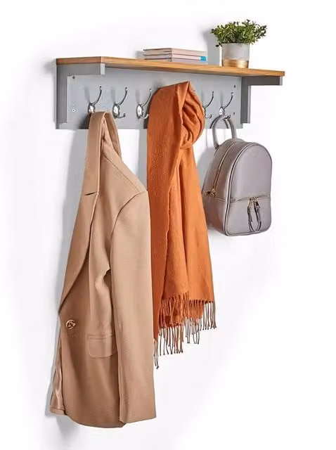 Kelvenix Wall Mounted Wood Coat Rack with Shelf in Brown