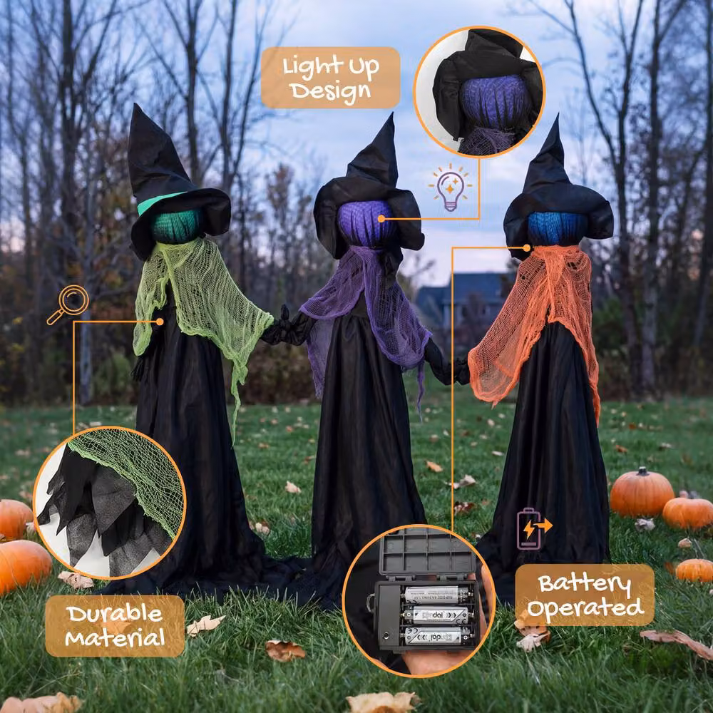 HOMCOM Witches Holding Hands Animated Halloween Light Up Prop, Black – 3