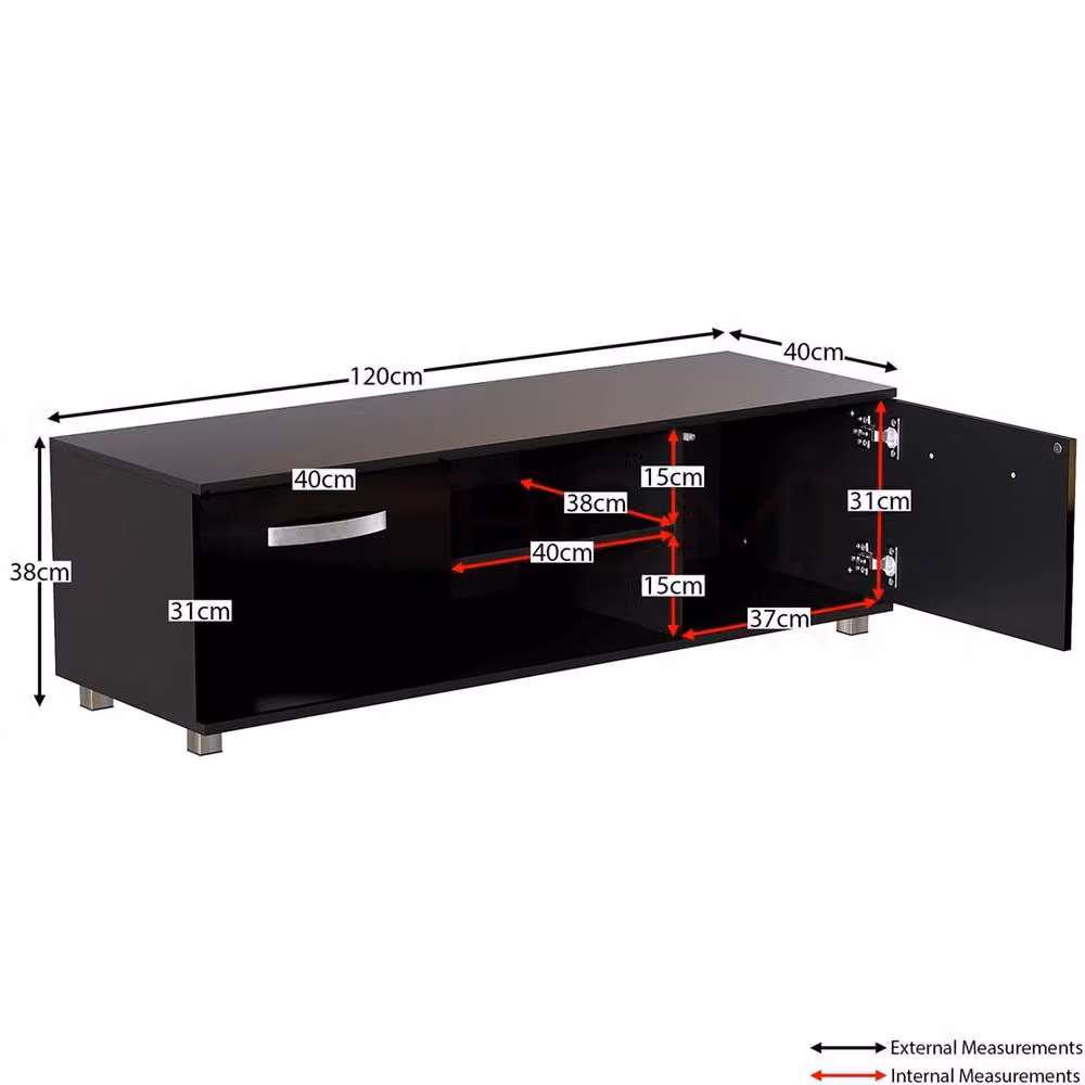 FORGEVIO Cosmo Modern Black Glossy TV Unit Cabinet with Integrated LED Lighting, Width: 120 cm – 2