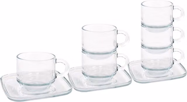 LAV Cozy Stackable Glass Espresso Cups and Saucers 12-Piece Set, 90ml, Transparent