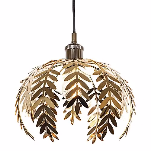 Happy Homewares Traditional Fern Leaf Easy Fit Ceiling Pendant Light Shade in Polished Gold Finish, Diameter: 28 cm