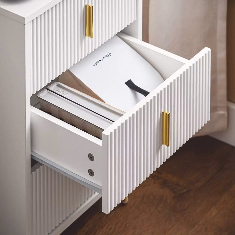 SoBuy Set of 2 White Bedside Tables with 3 Drawers, Ribbed Front and Gold Legs, Height: 63 cm – 4