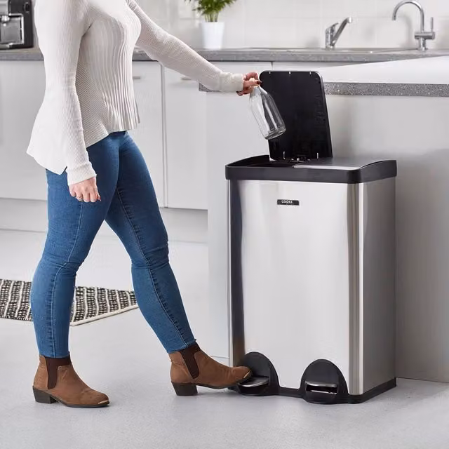 Cooks Professional Dual Pedal Bin 60L with 2 Compartments and Soft Close Lids in Silver – 1