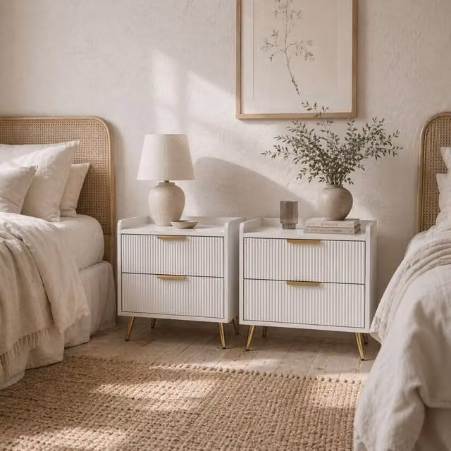 Wyld Haus Conola Yone White and Gold Set of 2 Elegant 2 Drawer Bedside Tables